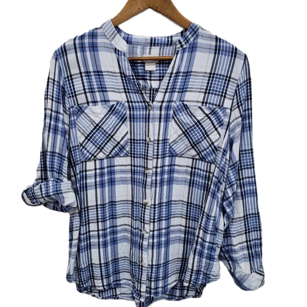 Chico's Blue Plaid Button Front Roll Tab Sleeve Shirt Blouse Top Size‎ 2 (L)